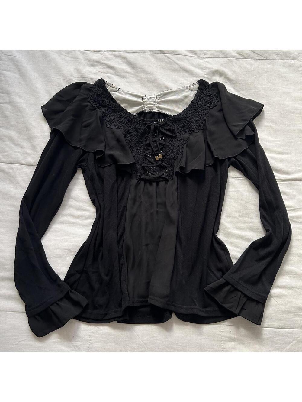 Axes Femme Black Corset Lace Up Ruffle Gothic Blouse Medium Japan